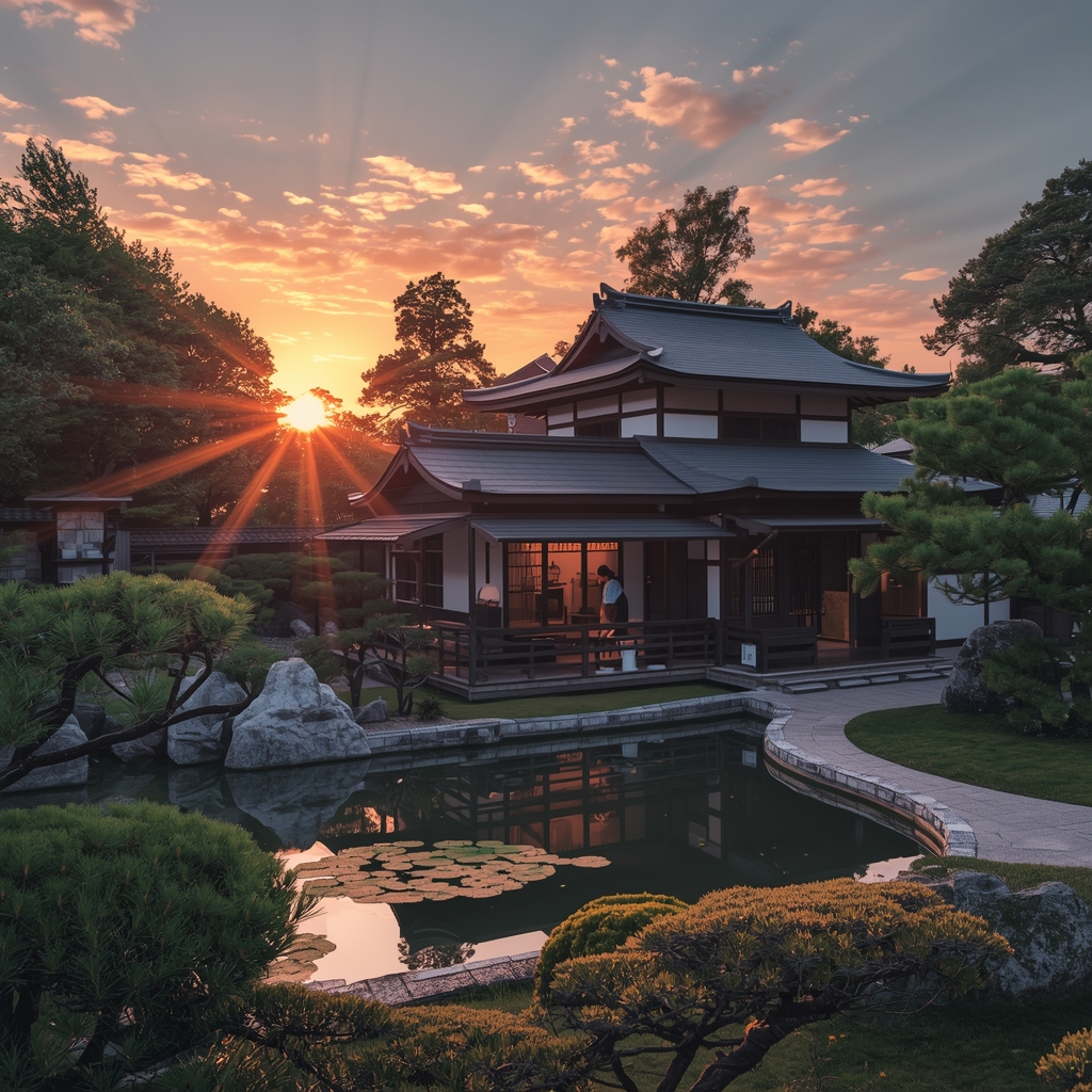 Prompt: A serene traditional Japanese tea house garden at sunset, realistic, stunning lighting, nano banana2 --no woman